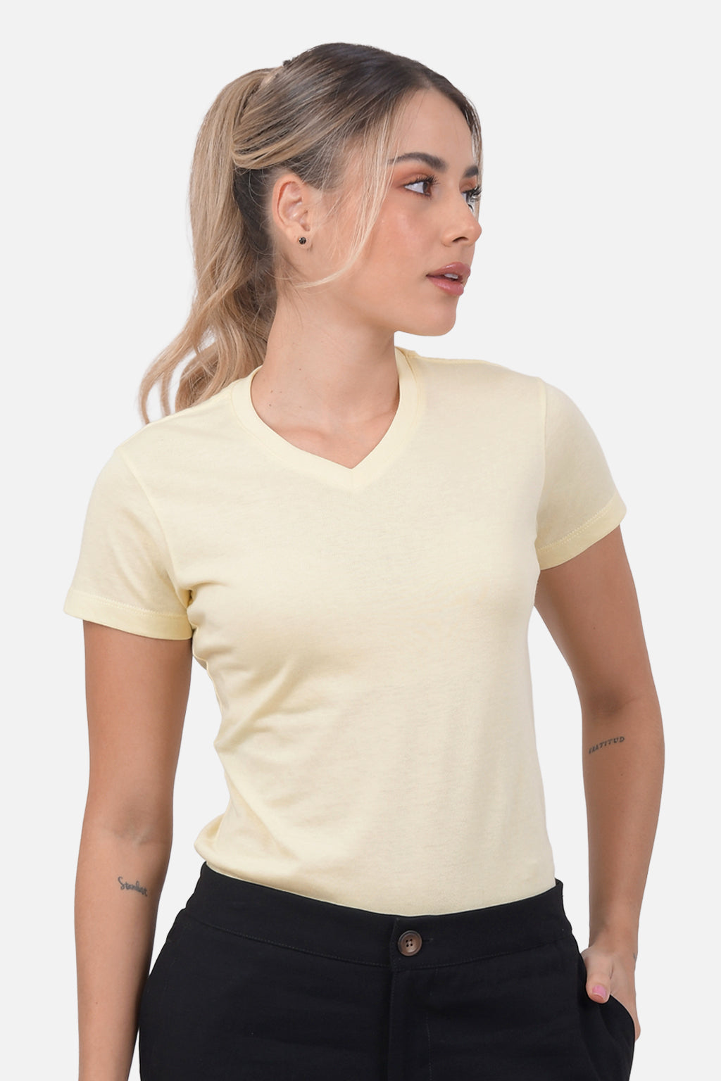 Camiseta Mujer Cuello V - Amarillo Pastel