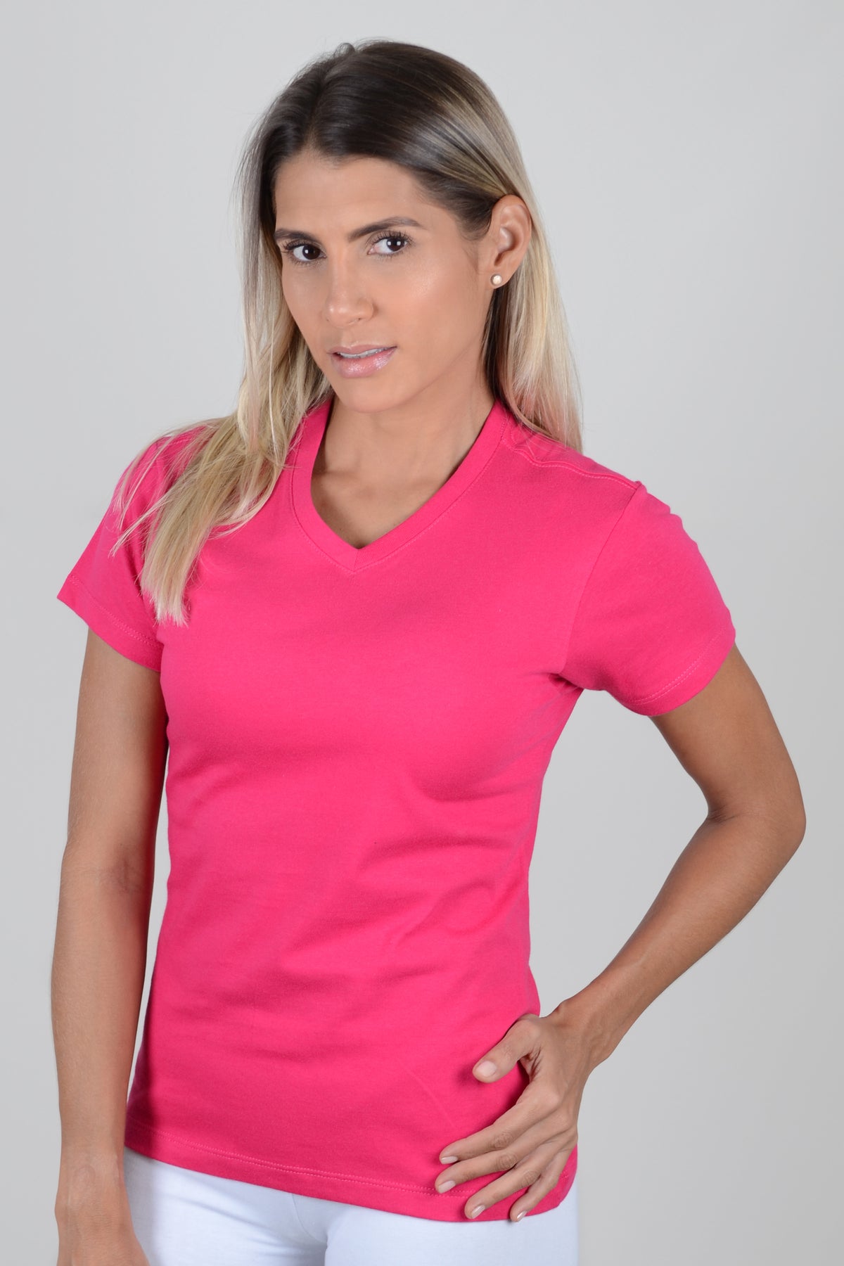 Camiseta Mujer Cuello V - Fucsia