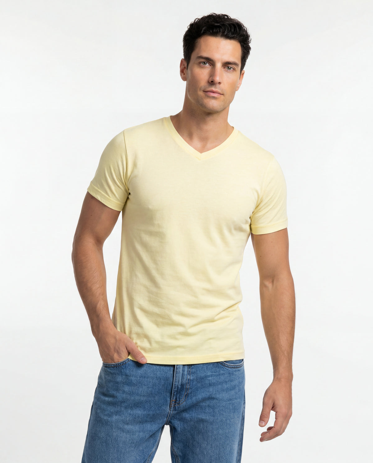Camiseta Hombre Cuello V - Amarillo Pastel