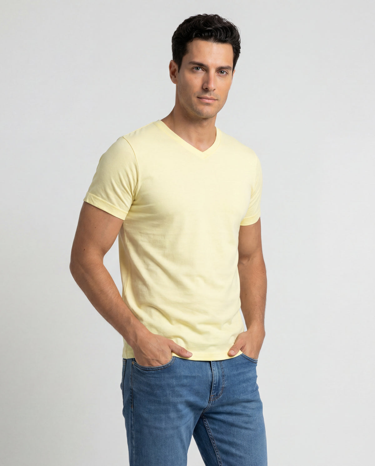 Camiseta Hombre Cuello V - Amarillo Pastel