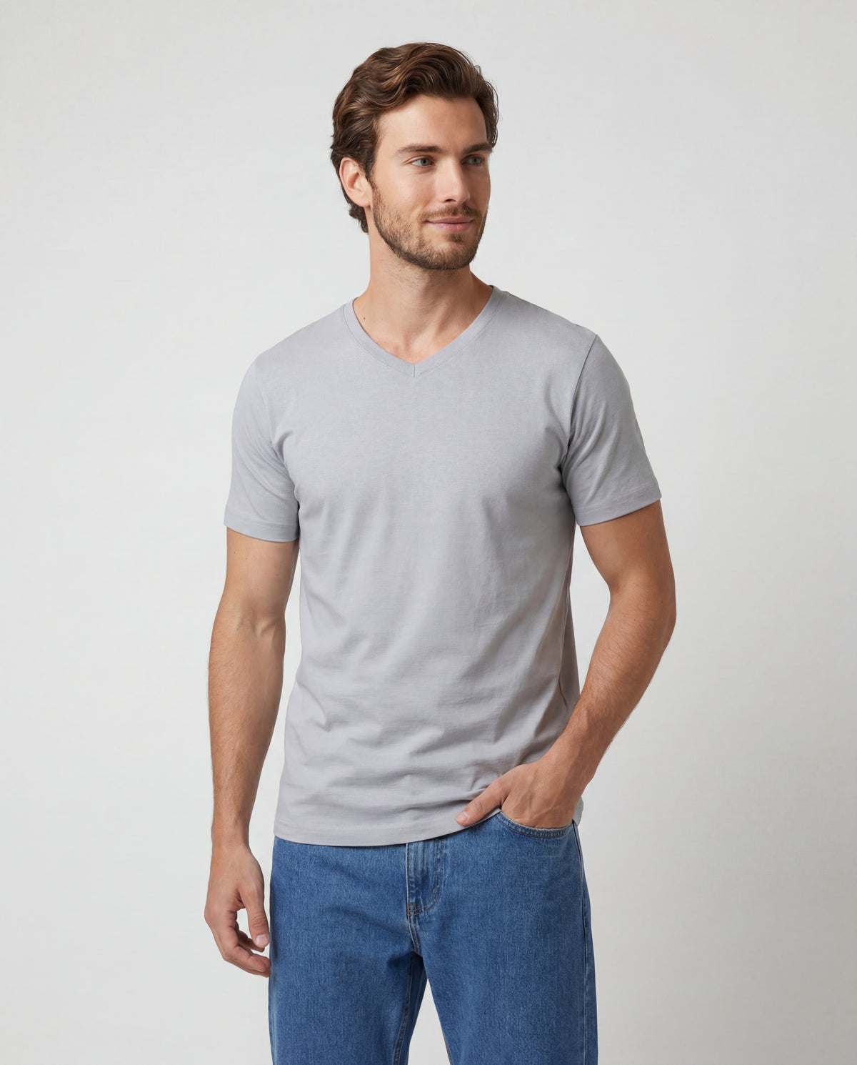 Camiseta Hombre Cuello V - Gris Claro