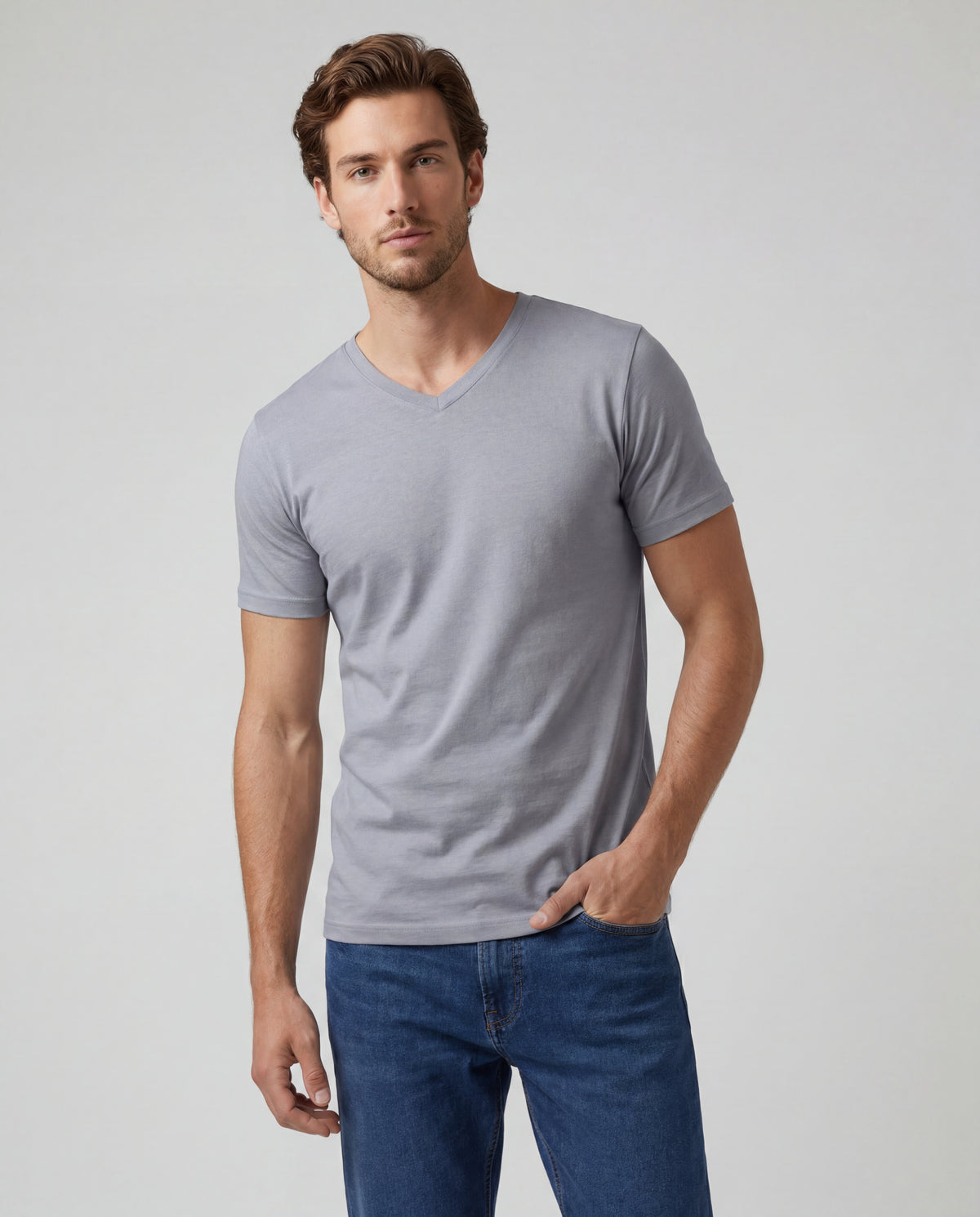 Camiseta Hombre Cuello V - Gris Perla