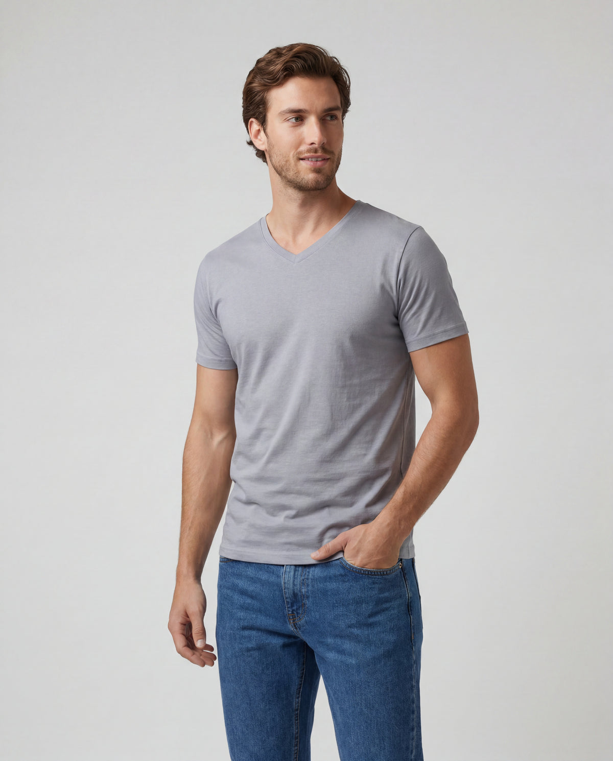 Camiseta Hombre Cuello V - Gris Perla