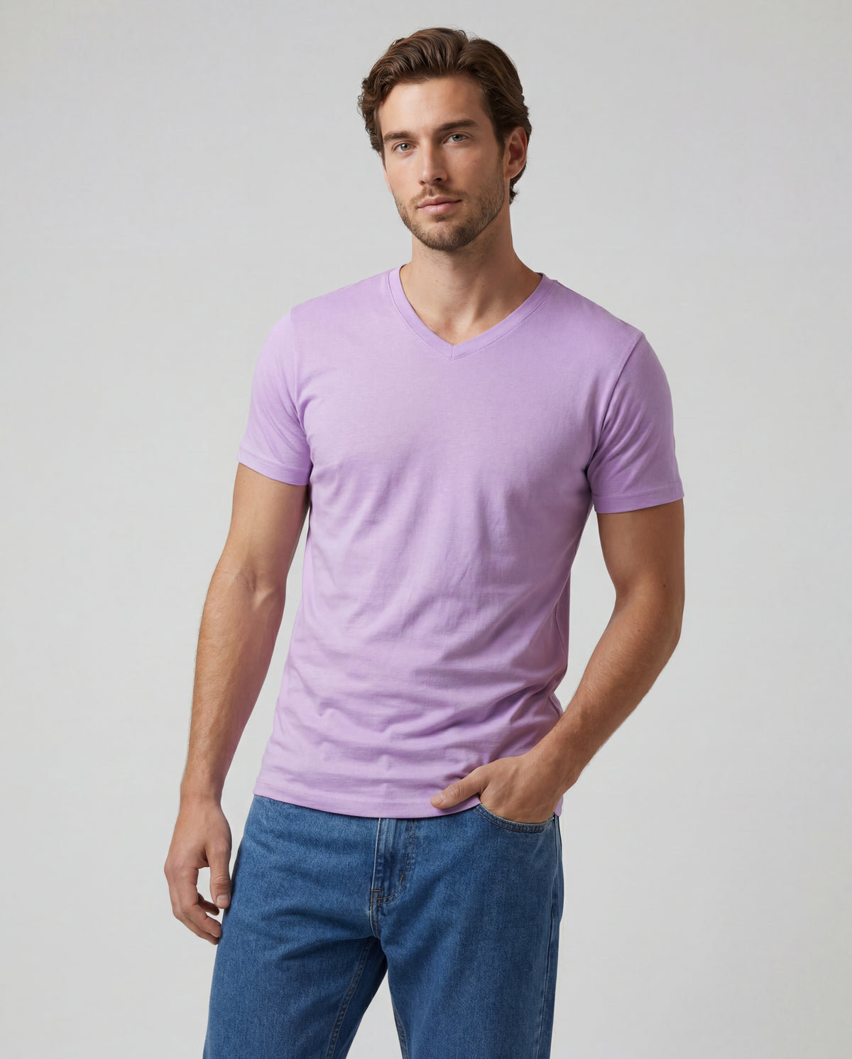 Camiseta Hombre Cuello V - Lila Claro