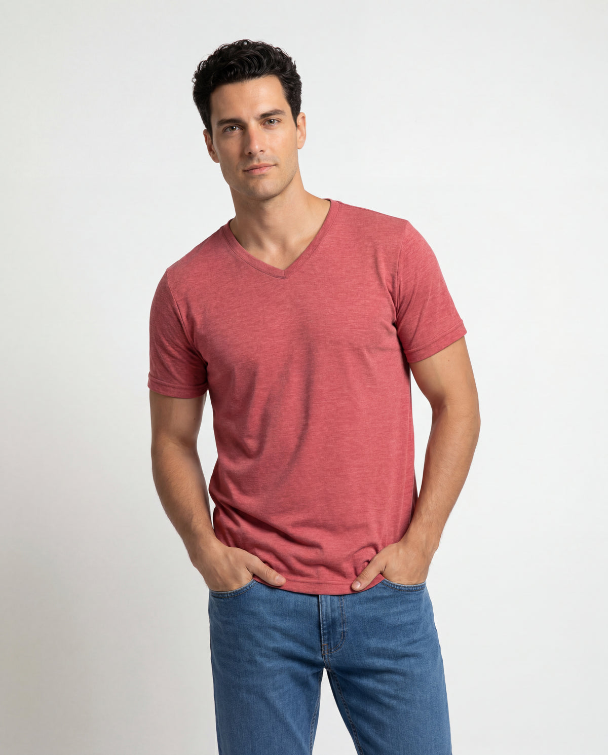 Camiseta Hombre Cuello V - Rojo Jaspe