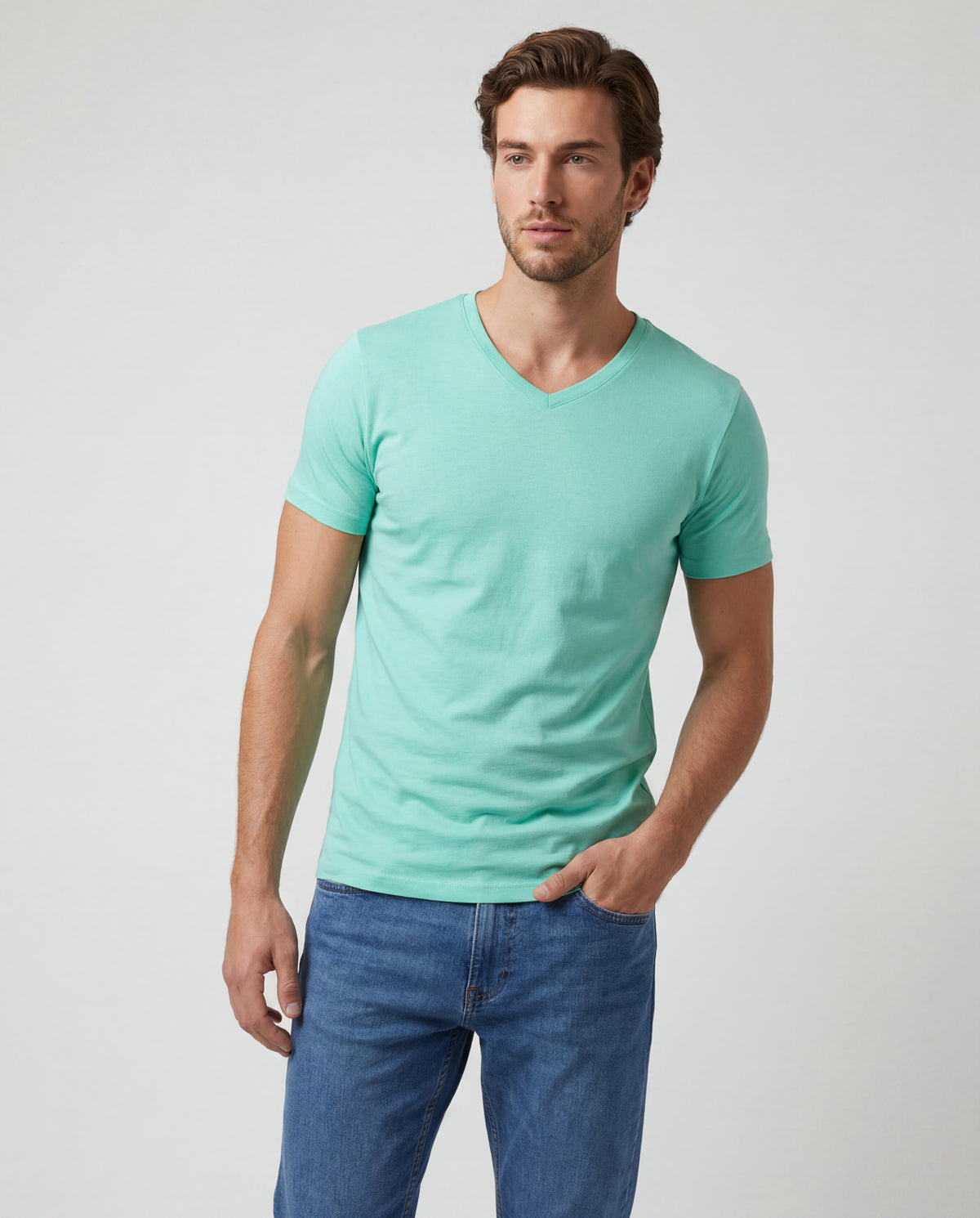 Camiseta Hombre Cuello V - Verde Manzana