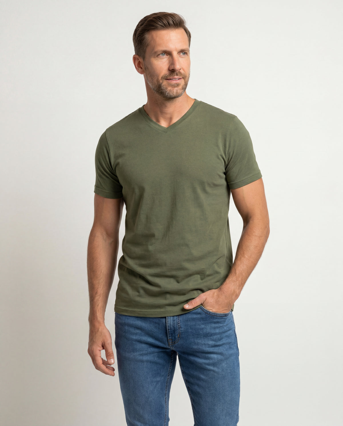 Camiseta Hombre Cuello V - Verde Militar