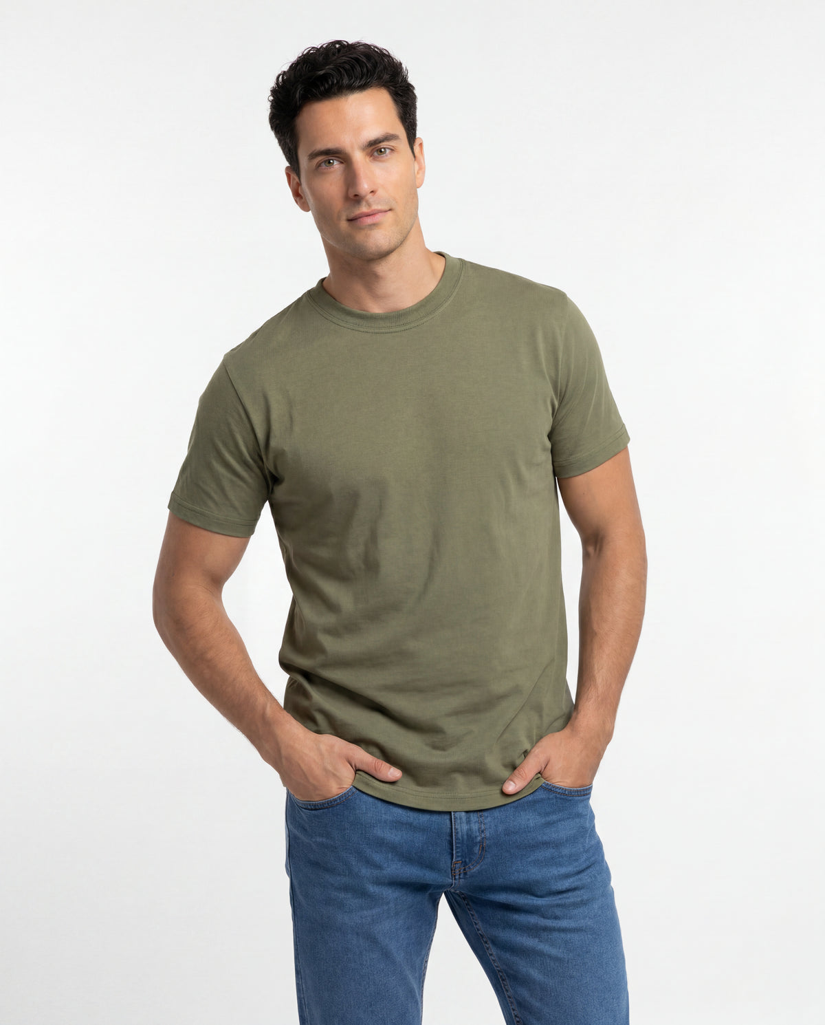 Camiseta Hombre Cuello Doble - Verde Militar